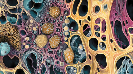Microscopic view of intricate fungal structures, showing detailed hyphae and spore formation. Vibrant Hyphae. Illustration