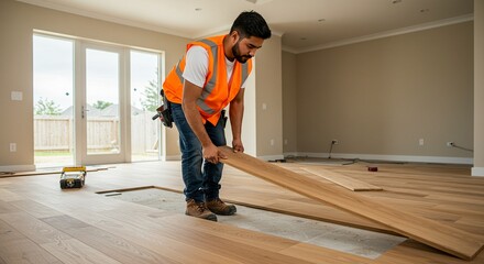 Man Installing New Hardwood Flooring in a Bright Modern Home