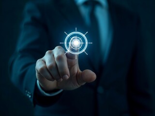 Futuristic Interface Businessman Touching Holographic Fingerprint for Biometric Security with Blue Digital Glow on Dark Background in Corporate Technology and Cybersecurity Concept