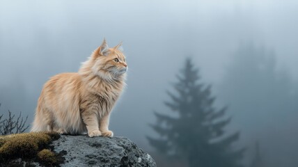 Ginger Cat in Foggy Forest