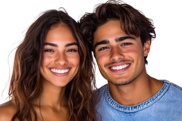 Smiling couple with perfect teeth, fair-skinned faces, cut out transparent