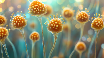 Vibrant microscopic view of fungal spores and hyphae structure. Vibrant Hyphae. Illustration