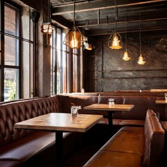 Grunge restaurant interior, brown sofas
