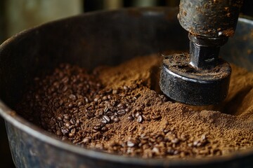 Coffee beans grinding into fine coffee grounds.
