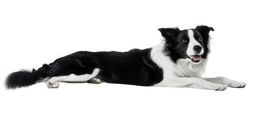 Obraz premium Charismatic typical black and white young adult Border Collie dog, laying down side ways. Looking straight to camera with mouth open smiling. Isolated cutout on a transparent background