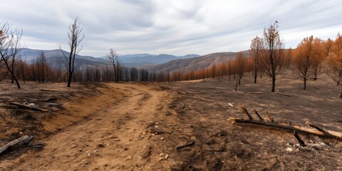 A desolate and charred landscape shows the aftermath of a forest fire, conveying powerful themes of destruction, nature's resilience, and the impact of climate change on ecosystems.