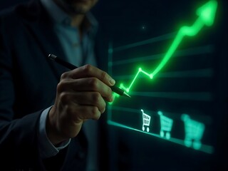 Business Growth with Glowing Green Arrow, Stock Market Chart, Financial Success, Dramatic Lighting, Digital Visualization, Upward Trend, and Economic Prosperity
