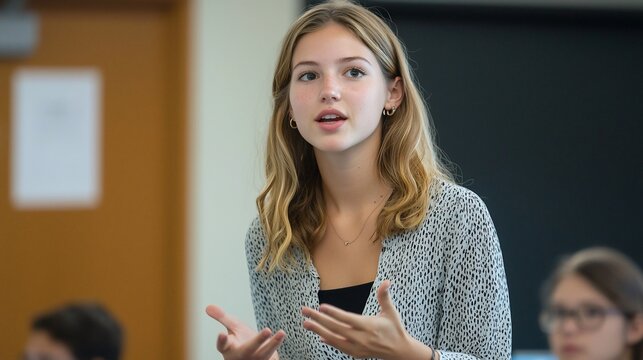 Young woman giving presentation, classroom, students, learning