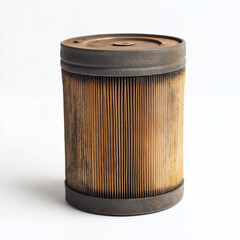 Authentic used oil filter exhibiting prominent signs of wear and tear, reflecting automotive maintenance history