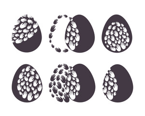 Set, collection of black and white Easter egg icons.The egg is decorated with an ornament made of human palms. Vector illustration.