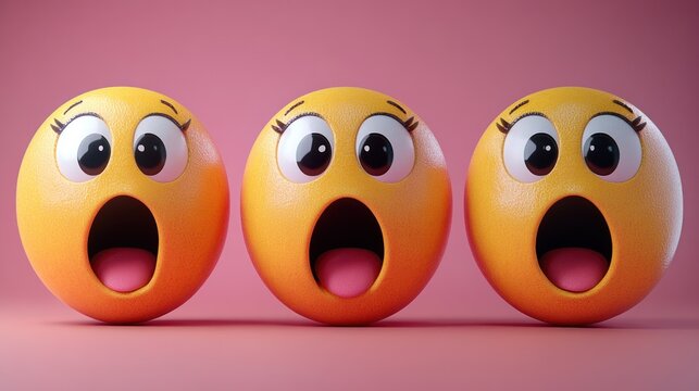 Three surprised emoji on pink background. Possible use for social media, web design, or education