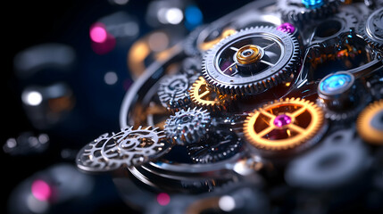 Close-up intricate clockwork gears mechanism. Possible use Educational materials, science, or engineering projects