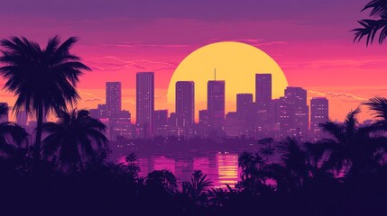 Sunset cityscape with palm trees