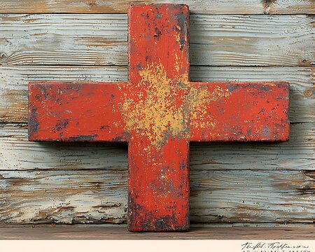 A weathered red cross resting against a rustic wooden backdrop