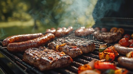 Backyard BBQ grilling steaks, sausages, veggies