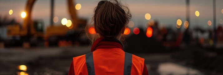 A female construction worker observes a bustling construction site at dusk, embodying determination, strength, and the growing presence of women in traditionally male-dominated fields.