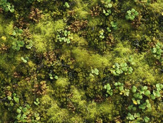 Lush green moss and small plants cover the ground, creating a vibrant natural carpet in a serene forest setting
