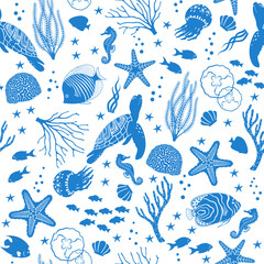 Vector seamless monochromatic blue pattern of marine life on white background.