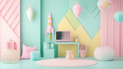 Pastel-Colored Kid's Room with Rocket