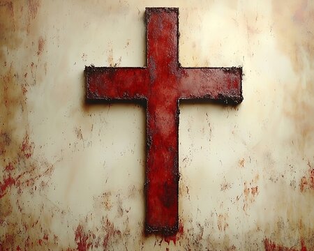 A large red cross hangs on a distressed beige colored wall