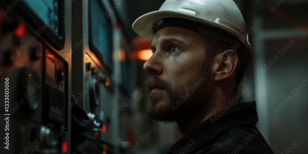 Poster an engineer deeply engaged in regulating complex machinery showcases the dedication and expertise re