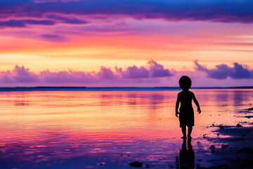 Fototapeta premium Kiribati child - Sunset Silhouettes: Photograph the child at sunset along the beach or near the lagoons. Their silhouette against the vibrant colors of the sky adds emotion and storytelling to the ima