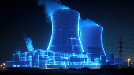 Futuristic depiction of a nuclear power plant illuminated at night, showcasing steam and energy infrastructure
