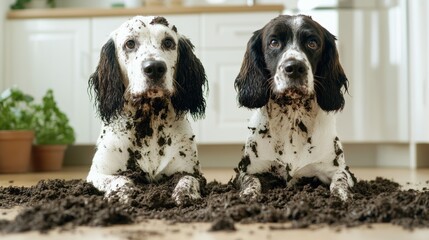 Two Dogs Covered in Mud Lying on Floor in Bright Kitchen