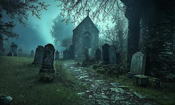 Foggy cemetery path leads to chapel at night