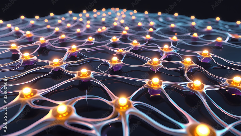 Poster modern neural network abstract background with glowing nodes, fluid metallic synapses, deep navy blu