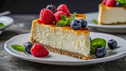 Delicious slice of cheesecake topped with fresh cream, berries, and mint leaves, perfect for dessert lovers