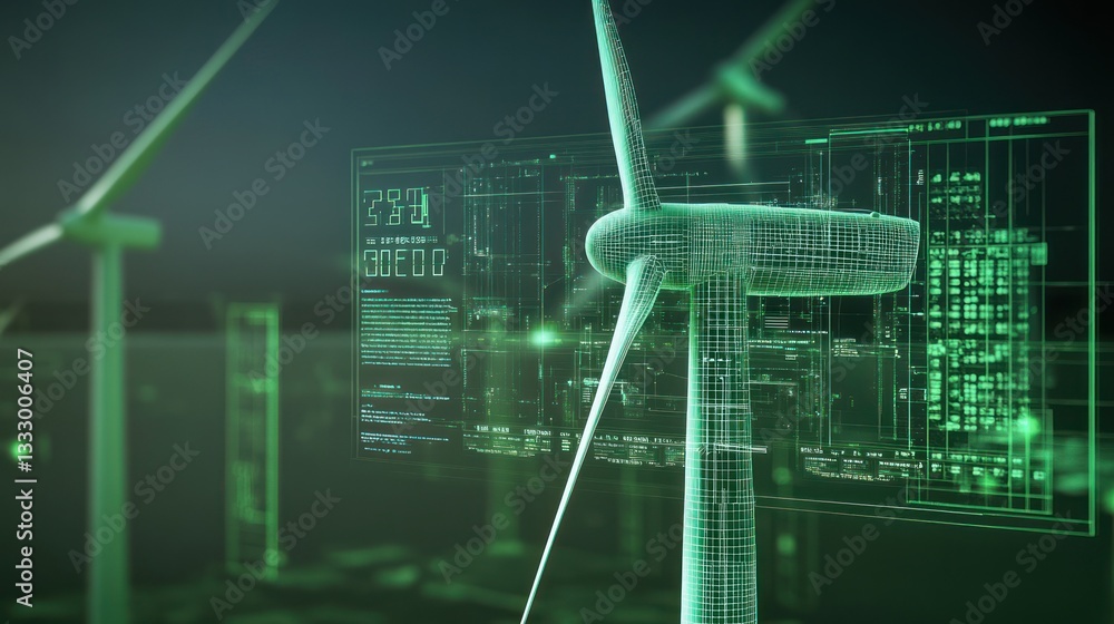 Aufkleber futuristic wind turbine with digital interface showcasing data metrics and energy generation in a te