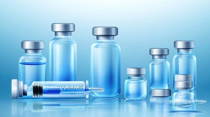 Vaccines and Syringes on a Blue Background