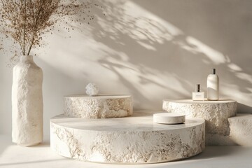 3D background of white stone pedestal featuring a strong podium stand made of natural material ideal for showcasing fashion and cosmetic products