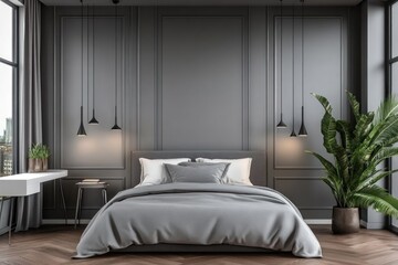 A stylish modern bedroom interior featuring a luxurious king bed setup