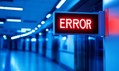 Red error sign warns in blue hallway.