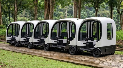 Obraz premium Eco-Friendly Shuttles Parked, Lush Forest