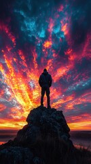 Obraz premium Spectacular sunrise with a man contemplating nature's beauty from a summit