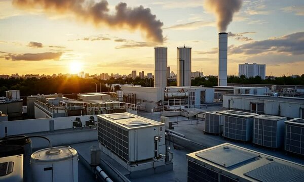 Industrial Sunset: Rooftop HVAC Units and Pollution