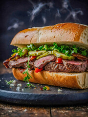 Delicious steak sandwich photo for food content