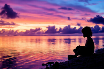 Kiribati child - Sunset Silhouettes: Photograph the child at sunset along the beach or near the lagoons. Their silhouette against the vibrant colors of the sky adds emotion and storytelling to the ima