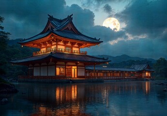 Obraz premium Moonlit Temple Reflection: A Journey into Serenity