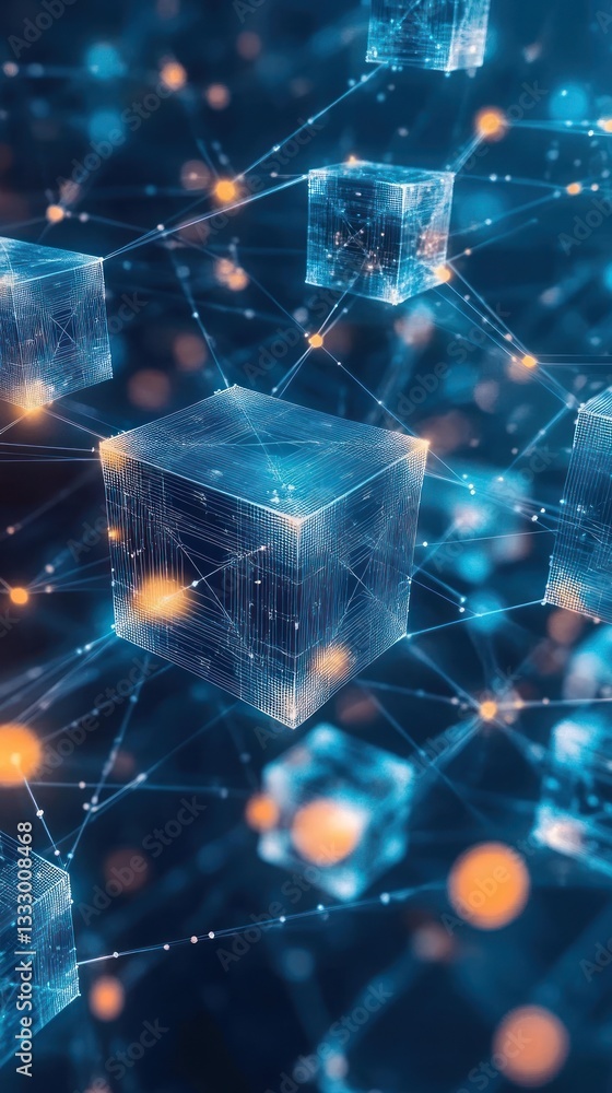 Poster abstract representation of interconnected digital cubes with glowing nodes, symbolizing blockchain t