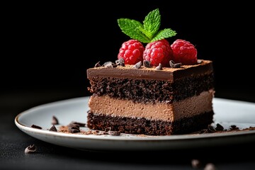 Decadent Chocolate Mousse Cake with Fresh Raspberries and Mint on a Plate