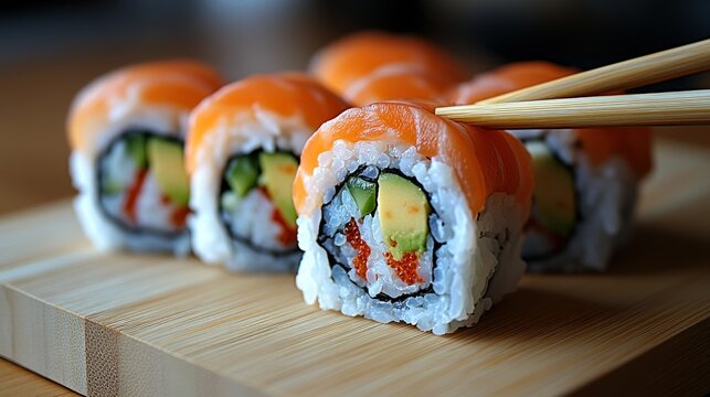 Fresh sushi rolls, served on a wooden board, with chopsticks ready to pick up a piece