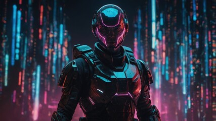 Soldado de ciencia ficci&oacute;n con visor luminoso y luces LED en armadura de &uacute;ltima generaci&oacute;n