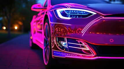 Obraz premium Futuristic Neon-Lit Car with Vibrant Pink and Blue Highlights During Twilight Drive