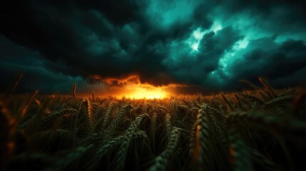 Dramatic Sunset Over Wheat Field with Stormy Skies: Nature's Powerful Contrast