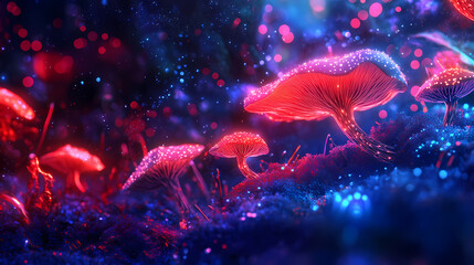 Neon glowing mushroom close-up composition, red and blue hues, fantasy forest, psychedelic fungi psychedelic, fungi, fantasy. Cosmic Mycelium. Illustration