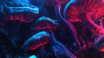 Neon glowing mushroom close-up composition, red and blue hues, fantasy forest, psychedelic fungi psychedelic, fungi, fantasy. Cosmic Mycelium. Illustration